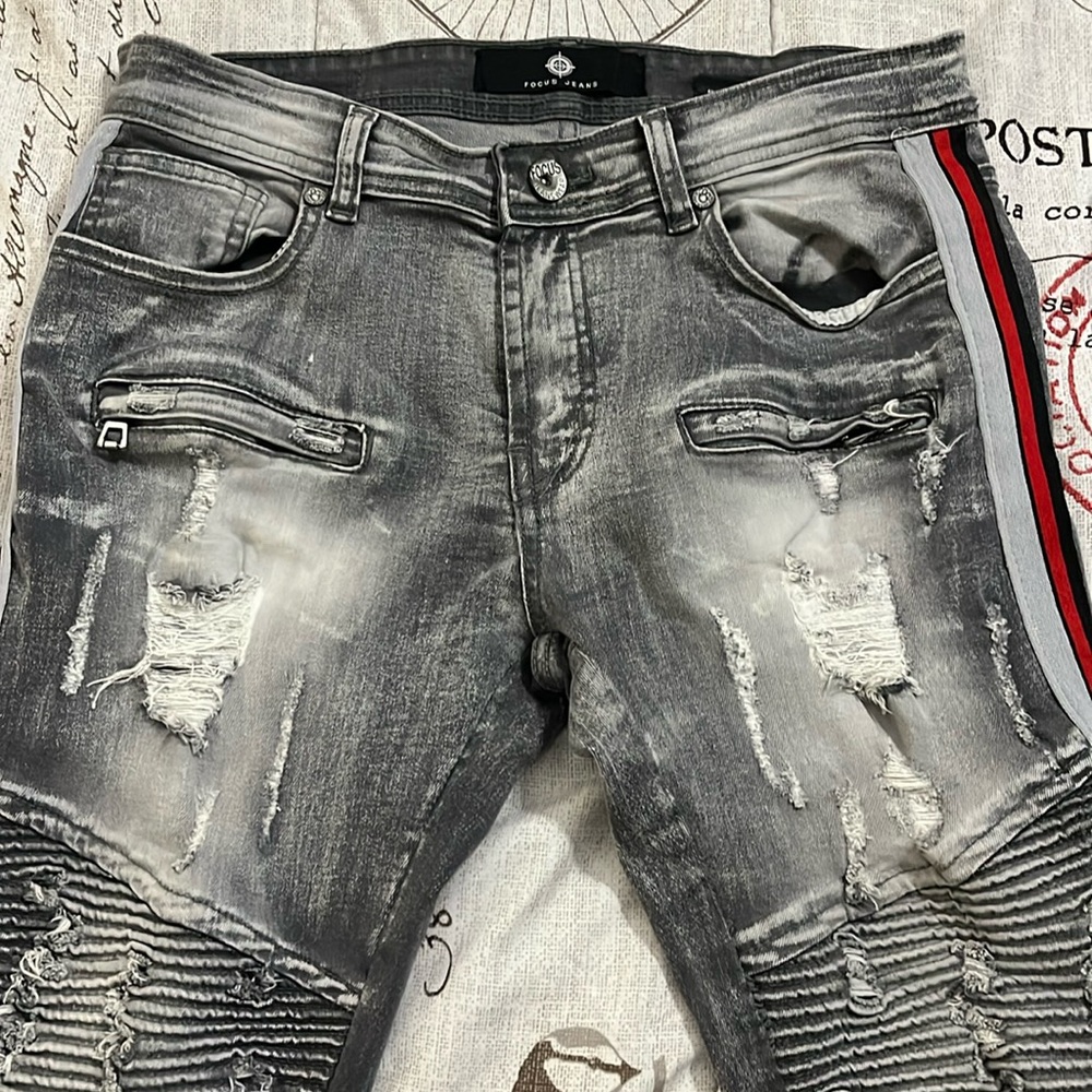 Urban wear Focus Jeans. Black distressed with 2 zipper pockets/like brand new
